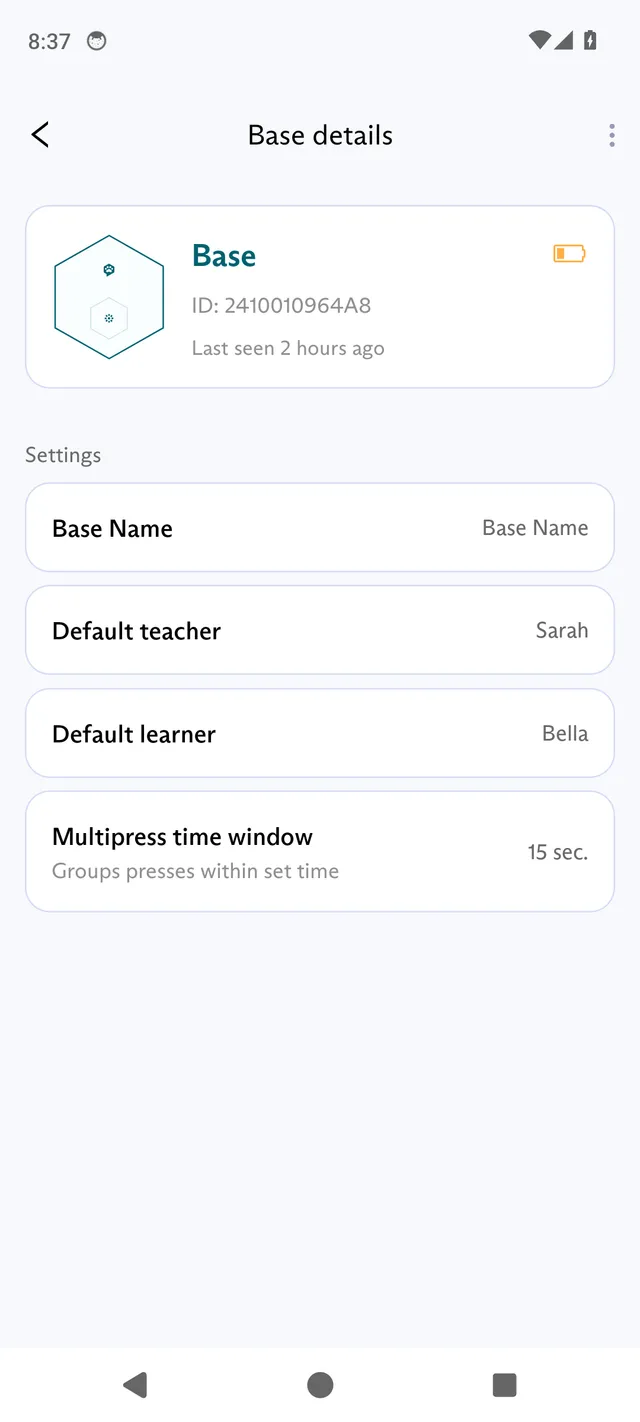 The Base details screen in the FluentPet app, with the Base Name, Default teacher, Default learner and Multipress time window settings.