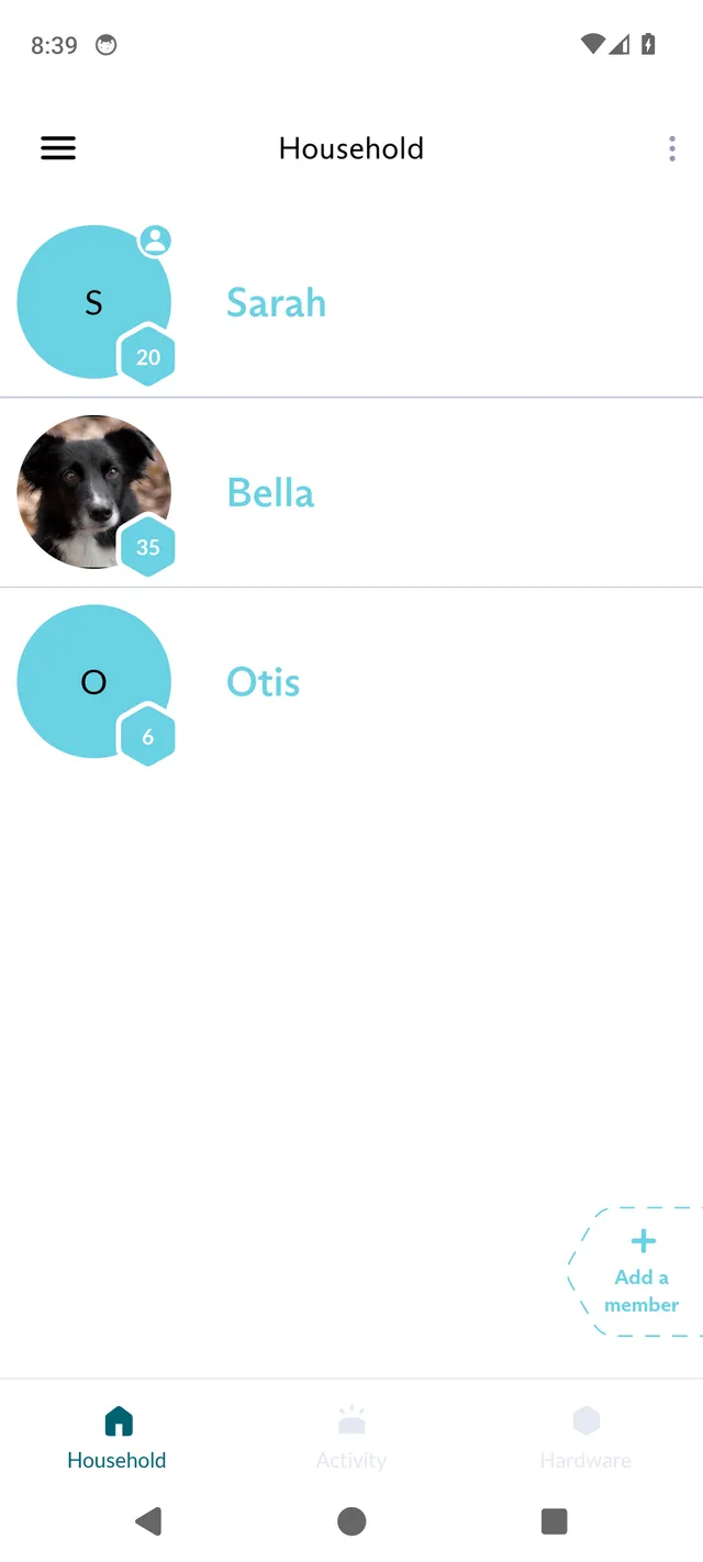 The Household tab in the FluentPet app, listing a teacher and two learners with their press counts, and an Add a member button.