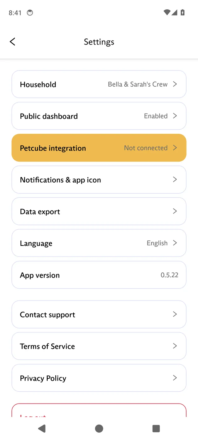 The Settings screen in the FluentPet app, with rows for Household, Public dashboard, Notifications & app icon, Data export, Language and Contact support.