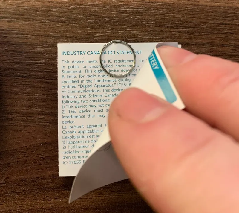 The linking pin, a thin pin with a ring, inserted in the Button's paper instructions.